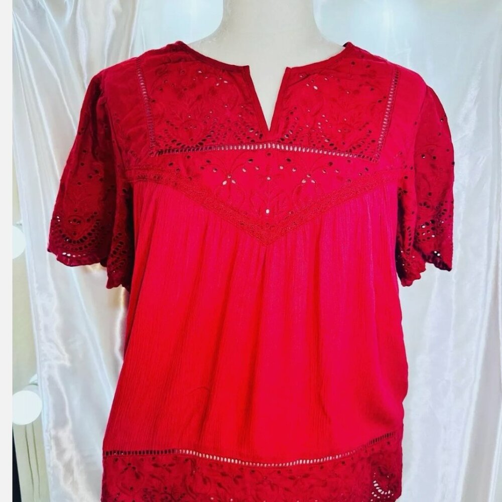 Knox Rose Women’s Red Short Sleeve Eyelet Peasant Boho Blouse Shirt Top Size M